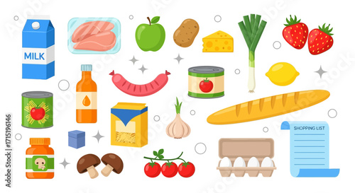 A collection of common grocery items including dairy, produce, meat, and pantry staples arranged with a shopping list.
