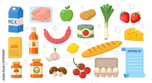 A collection of various grocery items and food products arranged in a visually appealing manner, including dairy, produce, meats, and pantry staples.
