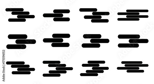 Twelve sets of three horizontal, rounded black bars arranged in various abstract patterns on a white background, resembling stylized clouds or design elements.
