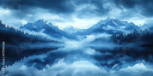 Calm mountain lake surrounded by snow-capped peaks and dense pine forests under dramatic cloudy sky with mist hovering over the water