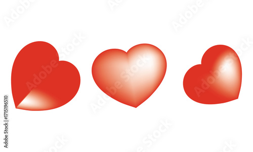 Shiny red heart icons for love design. Three glossy red hearts with gradient shading, perfect for Valentine’s Day, romance themes, love symbols, and digital graphic design. like and wedding symbol.


