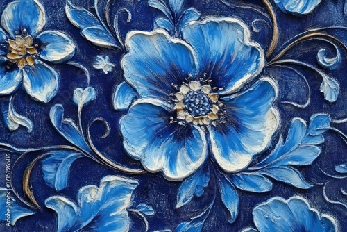 Detailed embossed floral pattern featuring large blue flowers with white highlights and smaller blossoms intertwined with curling stems and leaves on a dark blue textured background