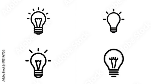 Four light bulb icons, illuminating ideas, innovation, energy. Light and darkness concept
