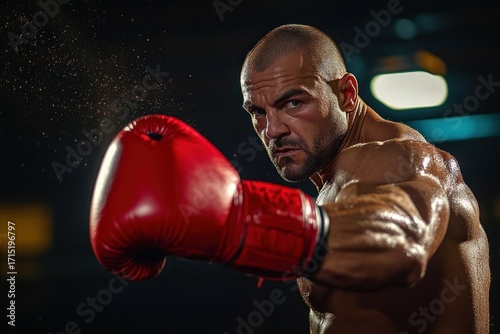 Wallpaper Mural Muscular male boxer with intense focus throwing a punch wearing red boxing gloves in a dim gym setting with sweat visible on his skin Torontodigital.ca