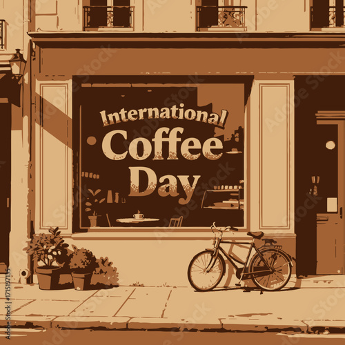 Parisian cafe storefront celebrating International Coffee Day, bicycle parked outside.