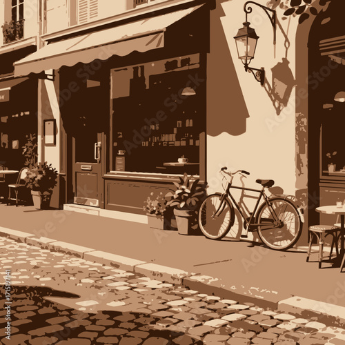 A charming Parisian cafe with a bicycle parked outside, inviting passersby to enjoy.