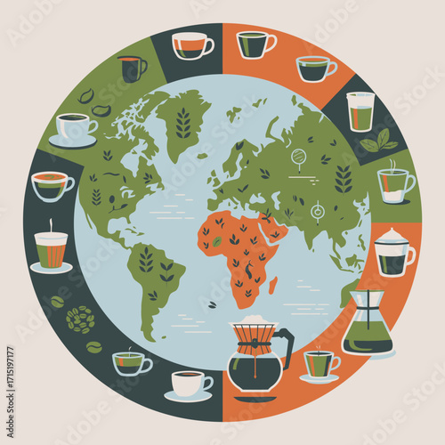 World map highlighting coffee production regions and different coffee types.
