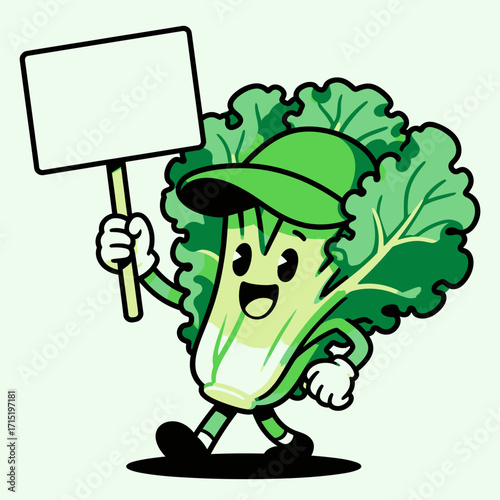 A cheerful cartoon bok choy character holding a blank sign, walking happily.