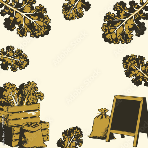 Illustration of kale leaves, wooden crates, bags, and a chalkboard on a cream background.