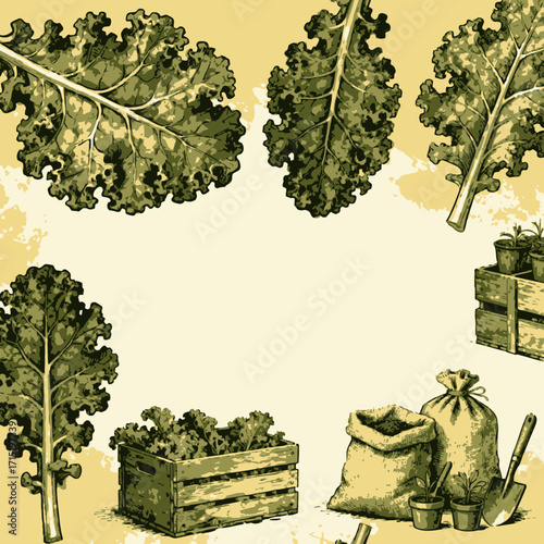 An artistic illustration featuring kale leaves, gardening tools, and wooden crates, arranged on a textured background.