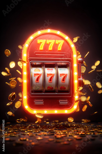 A vibrant slot machine with glowing lights and coins spilling around it, symbolizing luck