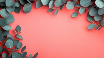 Green eucalyptus branches arranged with space in the center on a coral pink background, creating a fresh and calm atmosphere
