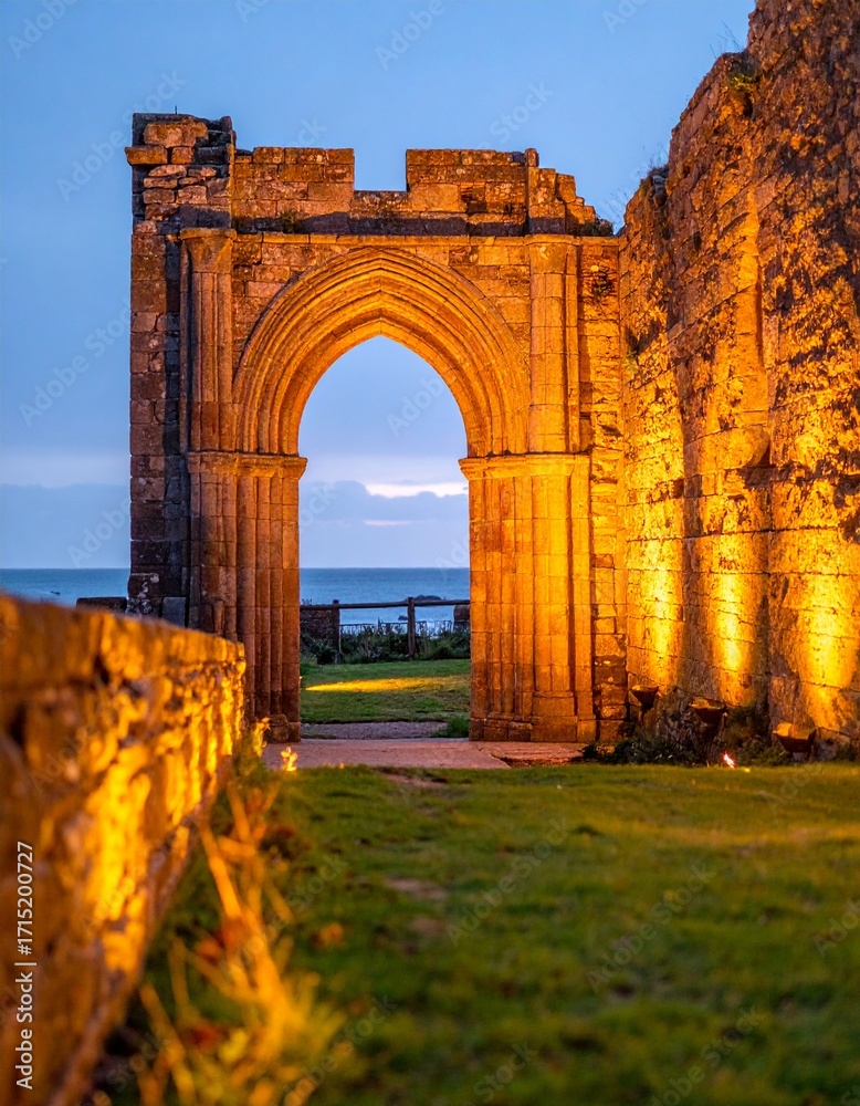 Fototapeta premium Golden sunset through ancient arches at a coastal ruins site near the sea