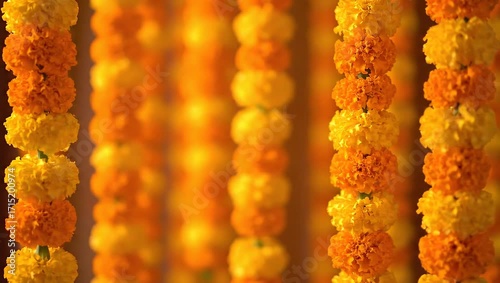 Wallpaper Mural Marigold Garland: A vibrant display of marigold garlands, exuding warmth and festivity. Capturing the essence of celebration and cultural richness. Torontodigital.ca