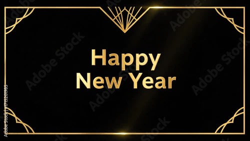 Wallpaper Mural Happy New Year: A golden Happy New Year greeting shines against a sleek black backdrop, adorned with elegant art deco accents, epitomizing festive cheer and the dawn of a fresh new year. Torontodigital.ca