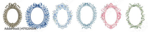 Ornate oval frames set including floral, ribbon, and bow embellishments in antique and pastel colors isolated. Elegant design elements for invitations or digital art.