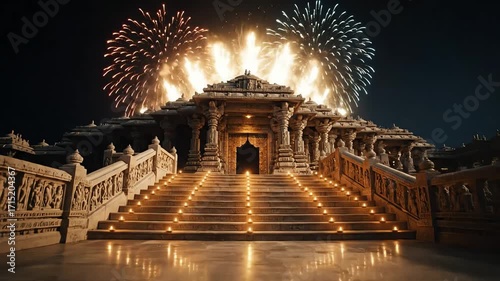 A Glorious Celebration at a Grand Hindu Temple with Glowing Oil Lamps and Fireworks at Night