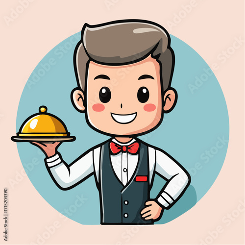 Charming Waiter Illustration Ready to Serve with Style and Grace