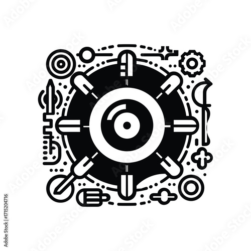 Abstract black and white design featuring tools and gears
