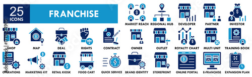 Franchise icon collection set. Containing design business, marketing, franchise, retail, commerce, store