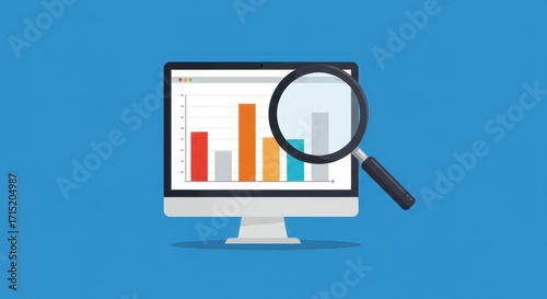 Analyzing Business Data: A magnifying glass hovers over a computer screen displaying a vibrant bar graph, emphasizing the importance of data-driven decisions in business. 