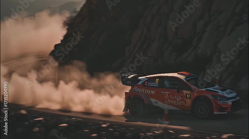 Rally Car Racing Through Dusty Mountain Road at Sunset Landscape