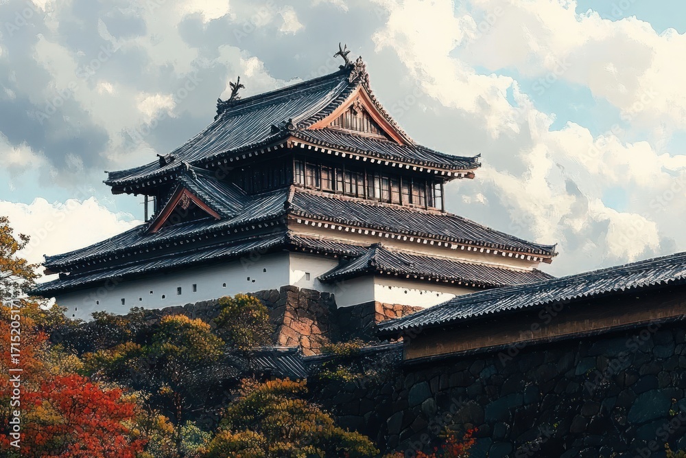 Fototapeta premium Traditional Japanese castle with multi-tiered tiled roofs surrounded by stone walls and autumnal trees under a partly cloudy sky conveying historic tranquility