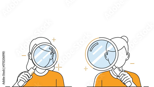 Two people holding magnifying glasses searching for information