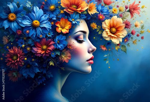 Woman's face profile with vibrant colorful flowers in her hair against a blue gradient background with cinematic lighting.