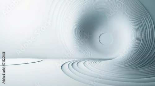 Minimalist abstract interior space with smooth, curved concentric ridges forming a tunnel-like structure bathed in soft white and light gray tones