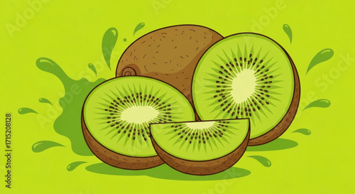 Freshly Cut Kiwis with Juicy Green Splash on a Vibrant Lime Background