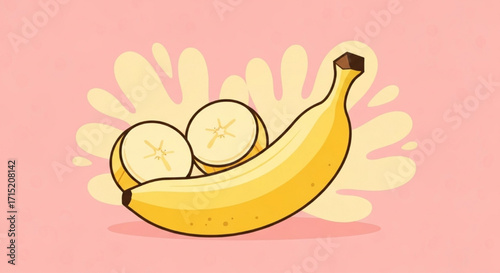 Fresh tropical banana fruit illustration with slices, a concept for healthy food and nutrition