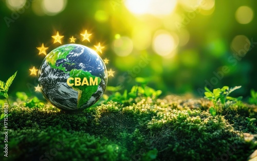 Small globe with continents and letters CBAM surrounded by glowing stars sitting on green moss with blurred natural background and sunlight