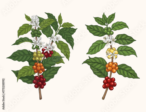 illustration of coffee plants and coffee process