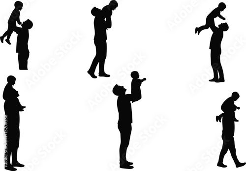 Father silhouette playing with child, dad lifting baby, family bonding moments, parent love, happy lifestyle, parenting relationship, caring father illustration vector