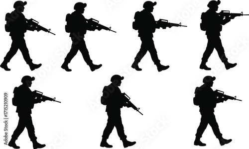 Military soldier silhouette walking with rifle, armed forces patrol, combat army march illustration, war defense troop vector, soldier duty artwork design.