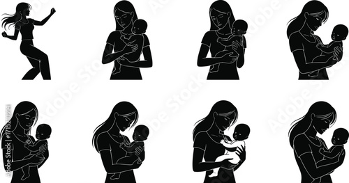 Mother holding baby silhouette, mom caring for child, parent love vector illustration, family bonding design, motherhood care, maternal affection art, parenting symbol