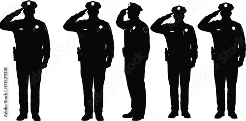 Police officer silhouette saluting, law enforcement honor, security guard respect, military salute illustration, authority symbol, police duty, uniformed officer vector design.