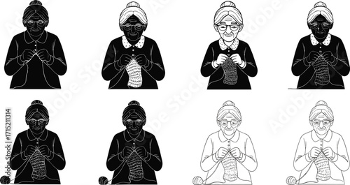 Old woman knitting illustration, grandmother with yarn, senior lady handmade craft, elderly woman with needles, vintage knitting art, traditional hobby design