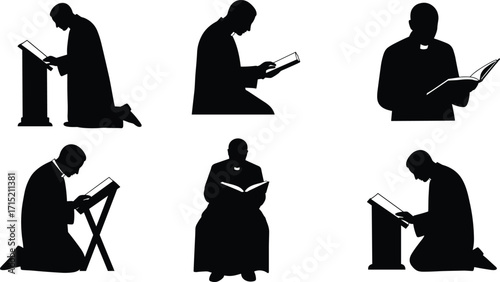 Priest praying with holy book, clergy silhouette illustration, Christian worship, church devotion, bible reading, religion faith, spiritual meditation, sacred prayer vector