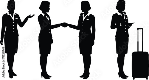 Silhouette female flight attendant with suitcase, professional airline staff, stewardess greeting, aviation service worker, travel assistant, cabin crew uniform, airport job.