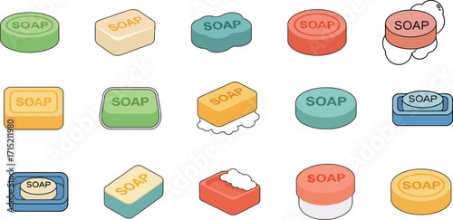 An illustration set for washing and bathing collection of different bar soaps, some shown with bubbles and foam flat design vector icons of soap lathering up for a clean wash