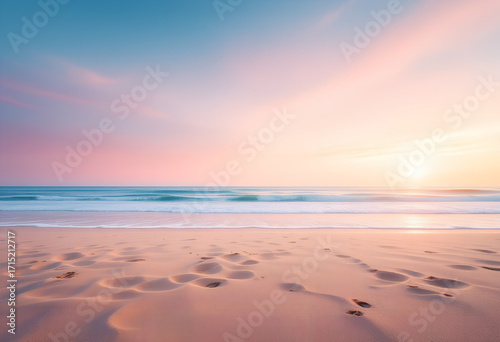 Wide shot of footprints in soft pink sand on a beach at sunset, showcasing a tranquil pastel sky with subtle wave movement, conveying a serene and peaceful mood.