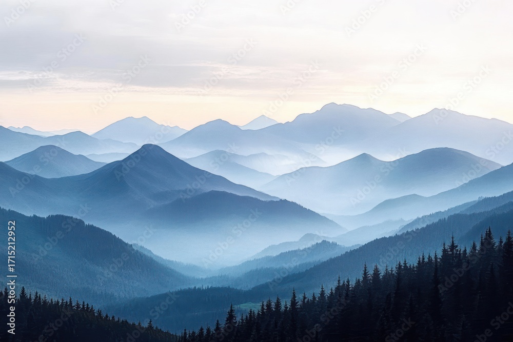 Obraz premium Layered mountain ranges fading into the distance under a soft, misty light with dense pine forests in the foreground, creating a tranquil and serene atmosphere