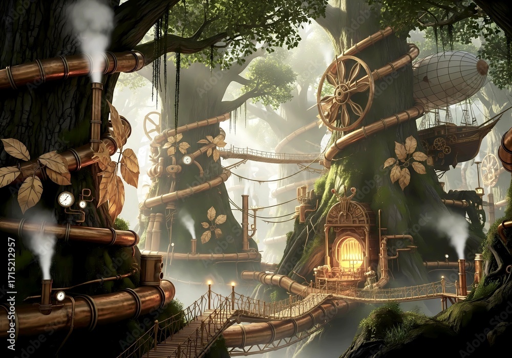 Obraz premium A magical steampunk forest where ancient trees have been transformed into intricate clockwork machinery.