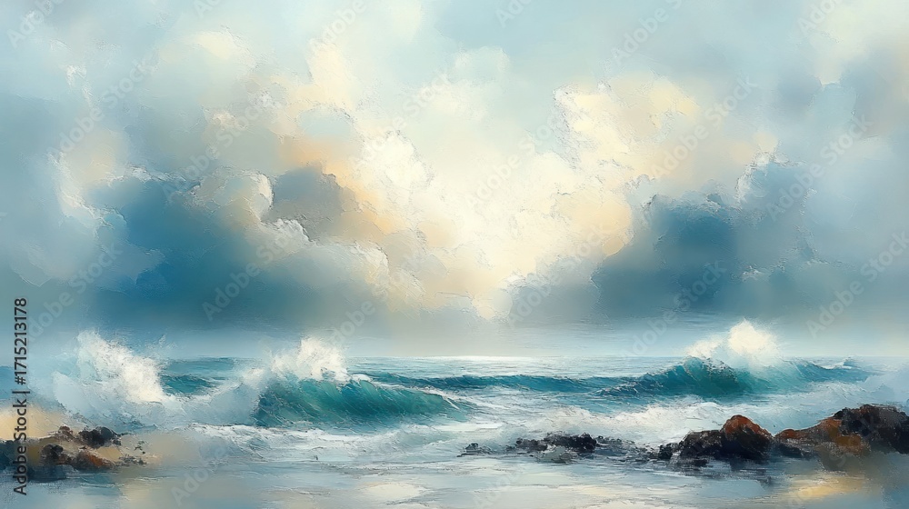 Obraz premium Peaceful seascape with gentle waves crashing on rocks under a soft cloudy sky with warm light breaking through