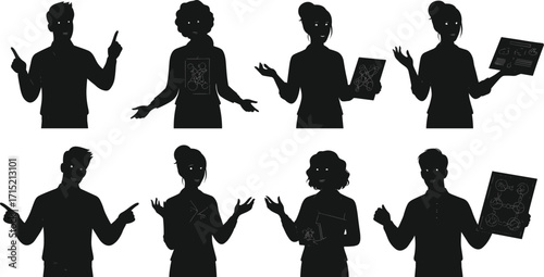 Silhouette of teacher and students, science education vector, classroom illustration, chemistry learning, school teaching concept, academic knowledge, laboratory, study design