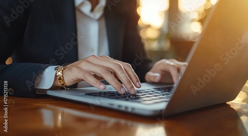 Close-up of a person wearing a dark suit and gold watch typing on a laptop keyboard with warm sunlight in the background