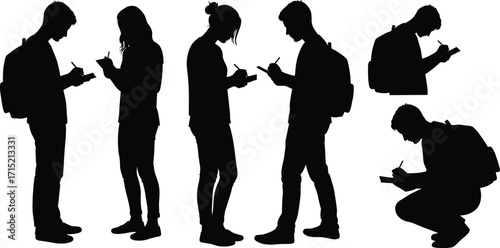 Silhouette students standing, sitting, writing in notebooks, studying with backpacks, education concept, school children learning, academic preparation, university study illustration