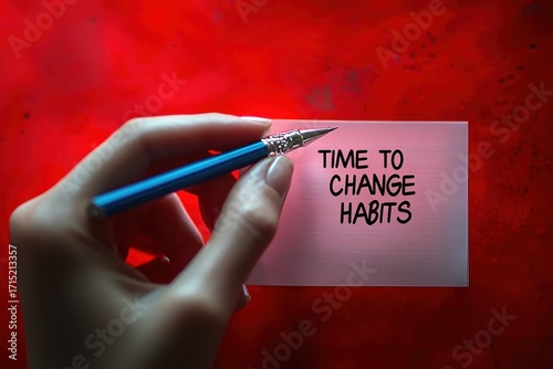 close-up of a hand holding a blue pen writing on a white card with the text time to change habits against a vibrant red background